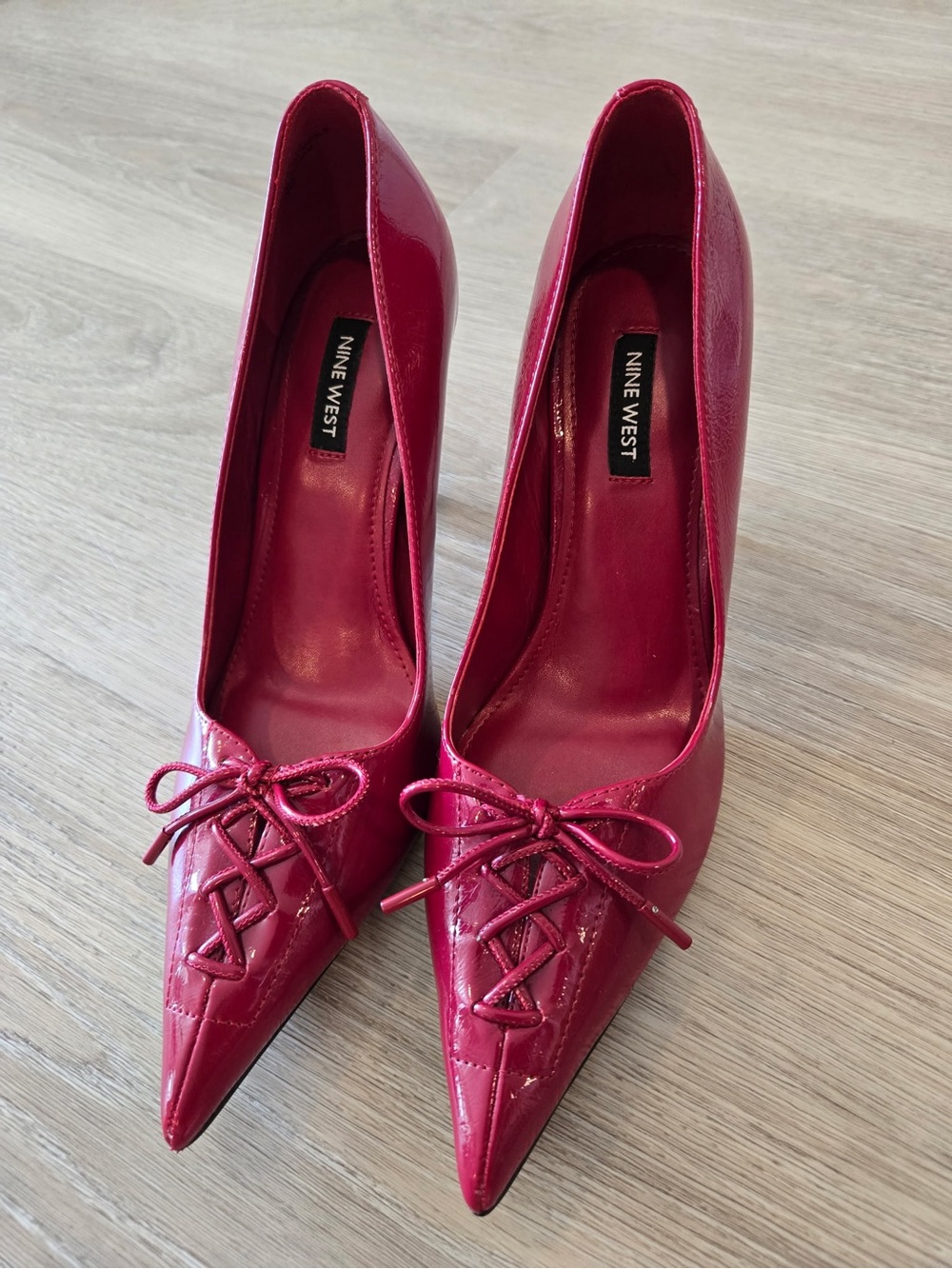 Nine West Red Patent Pointed-Toe Lace-Up Pumps